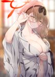  1girl bangs bath_yukata blue_archive blurry blurry_background blush bow breasts brown_hair chinatsu_(blue_archive) chinatsu_(hot_spring)_(blue_archive) cleavage closed_mouth collarbone commentary_request depth_of_field elf eyebrows_visible_through_hair fed_(giba) glasses hair_between_eyes hair_bow hairband indoors japanese_clothes kimono large_breasts long_hair long_sleeves looking_at_viewer naked_kimono navel open_clothes open_kimono paid_reward_available pointy_ears ribbon smile solo steam upper_body wide_sleeves yellow_eyes yukata 