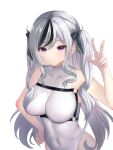  1girl absurdres azur_lane bangs bare_arms breasts cleavage closed_mouth collarbone commentary covered_navel cowboy_shot elbe_(azur_lane) eyebrows_visible_through_hair eyelashes fang grey_hair hair_ornament hair_ribbon hand_on_hip hand_up highleg highleg_leotard highres large_breasts leotard long_bangs long_hair looking_at_viewer multicolored_hair o-ring parted_bangs purple_eyes raurashun ribbon shadow silver_hair simple_background skin_fang skin_tight sleeveless smile solo two-tone_hair two_side_up w white_background white_leotard 