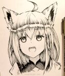  1girl ahoge animal_ears bangs braid english_commentary eyebrows_visible_through_hair fox_ears fox_girl greyscale hair_between_eyes hololive looking_at_viewer millipen_(medium) monochrome nakiri_virus open_mouth shirakami_fubuki sidelocks single_braid solo traditional_media virtual_youtuber 