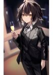 1girl ahoge alternate_costume arknights black_necktie brown_hair champagne_flute commentary_request cup drinking_glass eyebrows_visible_through_hair formal hair_between_eyes holding holding_cup looking_at_viewer multicolored_hair necktie plume_(arknights) sasa_onigiri short_hair smile solo suit two-tone_hair white_hair 