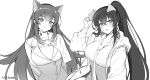  2girls :3 :o absurdres animal_ear_fluff animal_ears arms_behind_back artist_name bangs black_hairband blush breasts cat_ears chest_strap coat collarbone collared_shirt counter:side cropped_jacket crossed_bangs dog_ears eyebrows_visible_through_hair fake_animal_ears fang gloves greyscale hair_between_eyes hair_ornament hairband hand_up head_tilt highres holding_ears hood hooded_jacket jacket large_breasts long_hair long_sleeves looking_at_viewer maett monochrome multiple_girls necktie open_clothes open_jacket ponytail seo_yoon shirt sidelocks snap-fit_buckle upper_body very_long_hair white_background yoo_mina 