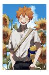  1boy ball black_pants border cloud collared_shirt day english_text flower haikyuu!! highres hinata_shouyou holding holding_ball male_focus messy_hair open_mouth orange_hair outdoors pants shirt sky smile solo sunflower takino volleyball white_border white_shirt 