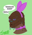  alien alitri_vimus bodypaint bow_tie bust_portrait dialogue easter english_text face_paint fake_ears fake_rabbit_ears female hi_res holidays mass_effect portrait purple_eyes solo sypherus text turian video_games 