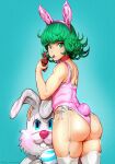  1girl 1other animal_ears ass blue_background bra chocolate choker easter easter_bunny fake_animal_ears fake_tail flipped_hair frills green_eyes green_hair highleg highleg_leotard highres keigi leotard looking_back nontraditional_playboy_bunny one-punch_man panties pink_choker pink_leotard rabbit_ears rabbit_tail ribbon_choker short_hair side-tie_panties skindentation solo_focus tail tatsumaki thighs thong_leotard tongue tongue_out underwear white_bra white_garter_belt white_garter_straps white_legwear white_panties 