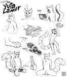  2016 animal_genitalia anthro balls biped black_and_white cheek_tuft chest_tuft claws clothing dated erection facial_tuft footwear front_view fully_sheathed fur genitals hand_behind_back hi_res kneeling lemur male mammal markings masturbation medial_ring monochrome neck_tuft open_mouth pawpads penile penile_masturbation penis primate rear_view sheath shoes signature sketch_page solo strepsirrhine striped_body striped_fur striped_markings striped_tail stripes tail_markings tuft yookie 