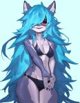  anthro bikini blue_hair breasts canid canine clothing female fur hair hair_over_eye hi_res long_hair looking_at_viewer mammal medium_breasts one_eye_obstructed pink_eyes shoulder_tuft solo swimwear tuft woobin94 