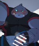  anthro biceps black_clothing blue_eyes blush bodily_fluids bottomwear bottomwear_down clothed clothing disney erection gantu genital_fluids genitals lilo_and_stitch male masturbation muscular muscular_anthro muscular_arms muscular_male pants pants_down partially_clothed pecs penis precum shirochoko0815 solo 