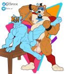  abs anal anal_penetration anthro armpit_hair balls biceps blue_eyes body_hair bodypaint bow_tie brown_body brown_fur butt canid canine canis claws clenched_teeth clothing collar digital_media_(artwork) dominant dominant_male duo erection face_paint facial_markings five_nights_at_freddy&#039;s five_nights_at_freddy&#039;s:_security_breach fur furniture genitals glamrock_freddy_(fnaf) hat head_markings headgear headwear herzch1 hi_res humanoid_genitalia humanoid_penis leash leash_pull male male/male male_penetrated male_penetrating male_penetrating_male mammal manly markings musclegut muscular muscular_anthro muscular_male nipples nude open_mouth pecs penetration penile penile_penetration penis penis_in_ass pubes pubes_exposed raised_arm randy_d_raccoon scottgames sex shoulder_pads simple_background sloppy_sideways smile spread_legs spreading table teeth teeth_showing thick_thighs tiny_hat tongue tongue_out top_hat ursid video_games wristband ych_(character) 