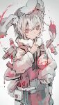  1boy absurdres aiamu_iamu animal_ear_fluff animal_ears artist_name bangs egg eyebrows_visible_through_hair finger_to_mouth grey_background highres long_sleeves original paint paintbrush palette_(object) rabbit_ears rabbit_tail short_hair signature simple_background tail white_hair 