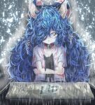  1girl animal_ears bangle bell blue_bow blue_eyes blue_hair bow bracelet cat_ears cat_girl debt grey_hoodie hair_bow highres hood hoodie jewelry jingle_bell long_hair one_eye_covered solo stuffed_animal stuffed_cat stuffed_toy sunnysideup touhou yorigami_shion 