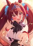  1girl animal_ears bangs black_bow black_bowtie black_skirt blush bow bowtie breasts brown_hair center_frills daiwa_scarlet_(umamusume) eyebrows_visible_through_hair frills hair_between_eyes hair_bow hair_intakes highres horse_ears horse_girl large_breasts long_hair looking_at_viewer open_mouth pink_eyes pink_nails pov pov_hands red_bow revision saboten_mushi scrunchie shirt skirt sleeveless sleeveless_shirt tiara twintails umamusume white_shirt wrist_scrunchie 