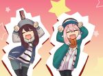  2girls :d ^_^ beanie brown_hair can_on_head caramelldansen closed_eyes dancing hat hood hoodie jacket jyagi_naoki kagamihara_nadeshiko legwear_under_shorts long_hair multiple_girls pantyhose parody pink_hair shiruko_(food) short_shorts shorts smile toki_ayano yurucamp 