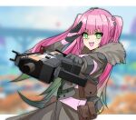  1girl apex_legends bangs black_gloves bloodhound_(apex_legends) bloodhound_(apex_legends)_(cosplay) blurry blurry_background bright_pupils brown_jacket c.a.r._smg cherry_(vtuber) commission cosplay fur_trim gloves green_eyes gun hela_png highres holding holding_gun holding_weapon indie_virtual_youtuber jacket olympus_(apex_legends) pink_hair salute skeb_commission solo twintails v-shaped_eyebrows virtual_youtuber weapon white_pupils 