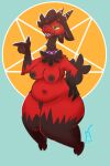  anthro big_breasts big_butt breasts butt camelid collar demon factualvermin female finger_gun gesture hand_on_butt hella_(oriole) hi_res horn llama mammal pentagram red_body solo spiked_collar spikes thick_thighs yellow_eyes 