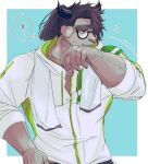  1boy animal_ears animal_nose bangs bara blue_background blush border braid brown_hair catoblepas_(housamo) closed_mouth commentary_request curled_horns furry furry_male glasses hand_to_own_mouth highres horns izm_(izm_rm7) jacket long_hair looking_away male_focus muscular muscular_male outside_border ponytail snout solo swept_bangs thick_eyebrows thought_bubble tokyo_afterschool_summoners towel towel_around_neck translation_request upper_body white_border 