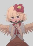 1girl animal_on_head bird bird_on_head bird_wings blonde_hair brown_dress chick chicken chocolate dress eyebrows_visible_through_hair feathered_wings gomeifuku highres looking_at_viewer niwatari_kutaka on_head one-hour_drawing_challenge open_mouth red_eyes shirt solo touhou white_shirt wings yellow_wings 