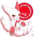  2020 :&lt; ambiguous_gender anthro black_claws blush claws crotch_tuft dipstick_limbs feet_up fluffy fluffy_tail fur furrowed_brow hand_on_stomach hi_res kemono looking_at_viewer neck_tuft nintendo pok&eacute;mon pok&eacute;mon_(species) popkage red_body red_eyes red_fur red_sclera simple_background tuft video_games white_body white_fur zangoose zangoose_day 