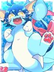  &lt;3 3_fingers 3_toes blue_body blue_hair blue_skin blush blush_lines bow_ribbon bubble cute_fangs dorsal_fin eeveelution fangs featureless_crotch feet female feral fin fingers hair hi_res looking_at_viewer mutekinooimo navel nintendo open_mouth pawpads paws pok&eacute;mon pok&eacute;mon_(species) ruka_vaporeon simple_background solo toes tongue vaporeon video_games water white_body white_skin yellow_body 