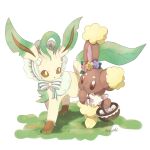  :o basket bonnet brown_eyes buneary egg grass highres leafeon looking_to_the_side neck_ribbon niiichi_21pk no_humans open_mouth pokemon pokemon_(creature) ribbon signature standing symbol-only_commentary tongue 