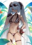  1girl 2r-_(pixiv8168114) absurdres ball bare_shoulders beachball bikini black_bikini black_choker black_ribbon blue_archive breasts brown_gloves choker collarbone dark-skinned_female dark_skin demon_tail eating eyewear_on_head food gloves hair_over_one_eye highres holding holding_ball holding_food iori_(blue_archive) long_hair looking_at_viewer medium_breasts navel plant pointy_ears popsicle red_eyes ribbon side-tie_bikini silver_hair simple_background solo standing stomach sunglasses swimsuit tail thigh_strap twintails underboob very_long_hair white_background 