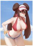  1girl absurdres bangs bikini border breasts bright_pupils brown_hair closed_mouth cloud collarbone commentary cowboy_shot day double_bun eyelashes green_eyes grey_shorts highres leaning_forward long_hair navel obychny outdoors pokemon pokemon_(game) pokemon_bw2 red_bikini rosa_(pokemon) sand scrunchie shore short_shorts shorts sky smile solo swimsuit twintails visor_cap water white_border wrist_scrunchie 