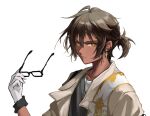  1boy absurdres ace_(acedelingmeng) arknights bishounen black_shirt brown_hair closed_mouth dark-skinned_male dark_skin ear_piercing glasses gloves highres looking_at_viewer male_focus orange_eyes piercing ponytail serious shirt simple_background solo thorns_(arknights) upper_body white_background white_gloves 