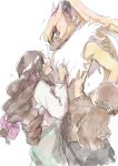  anthro bandai_namco blush bottomwear brown_hair clothing digimon digimon_ghost_game duo female fluffy_chest fur gloves hair handwear hi_res human lagomorph leporid long_ears long_hair male mammal pants ponytail_ears rabbit ruri_tsukiyono symbareangoramon tumugiv yellow_body yellow_fur 