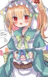  1girl alternate_costume animal animal_ears apron back_bow bangs basket black_eyes blonde_hair blue_bow blush bow bowtie bunny buttons closed_mouth collared_dress colored_skin commentary_request dorowa_(drawerslove) dress easter egg english_text eyebrows_visible_through_hair fang flandre_scarlet flower food frills green_bow green_bowtie green_dress grey_headwear hair_between_eyes hair_flower hair_ornament hands_up hat highres juliet_sleeves long_sleeves looking_at_viewer looking_up mob_cap multicolored_wings one_side_up open_mouth puffy_sleeves rabbit_ears red_eyes red_flower short_hair simple_background smile solo speech_bubble standing striped striped_bow striped_bowtie tongue touhou white_apron white_background white_skin wide_sleeves wings yellow_bow yellow_bowtie 