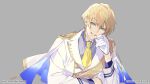  1boy arm_rest blonde_hair blue_eyes buttons capelet collared_shirt copyright double-breasted epaulettes gloves gold_trim grey_background grey_shirt hand_on_own_face head_tilt highres holostars jacket kishido_temma lapel_pin looking_at_viewer male_focus necktie official_art senzaki_makoto shirt short_hair shoulder_sash simple_background smile solo twitter_username two-sided_fabric upper_body virtual_youtuber white_capelet white_gloves white_jacket yellow_necktie 