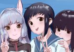  3girls absurdres biting black_eyes black_hair black_shirt blue_sailor_collar brown_hair collared_shirt eyebrows_visible_through_hair floating_headgear fubuki_(kancolle) hair_ribbon hand_on_another&#039;s_shoulder hatsuyuki_(kancolle) headgear highres kantai_collection long_hair multiple_girls murakumo_(kancolle) murakumo_kai_ni_(kancolle) necktie red_necktie red_ribbon ribbon sailor_collar sakieko school_uniform serafuku shirt short_eyebrows sidelocks silver_hair tongue tongue_out tress_ribbon victory_pose 