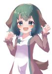  1girl :d animal_ears arms_up bangs blue_eyes blush dog_ears dog_tail dress eyebrows_visible_through_hair green_hair gumi_9357 hands_up highres kasodani_kyouko long_sleeves looking_at_viewer open_mouth short_hair simple_background smile solo tail touhou white_background 