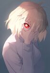  1girl arcueid_brunestud blonde_hair colored_sclera drid grey_background hand_on_own_face long_sleeves looking_at_viewer red_arcueid red_sclera shirt short_hair slit_pupils solo tsukihime upper_body white_shirt yellow_eyes 