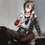  1boy absurdres animal_ears arknights armband belt black_shirt blue_eyes brown_hair cat_boy cat_ears fest_(arknights) full_body gloves highres indoors jacket jewelry male_focus necklace orlijiang red_armband ring_necklace shirt short_hair sitting solo utility_belt white_jacket wrench 