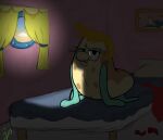  absurd_res anthro bed bedroom bite biting_lip blonde_hair clothing discarded_clothing discarded_shoes dress featureless_chest female fish furniture hair hi_res lipstick looking_at_viewer makeup marine mrs._puff nickelodeon nude pufferfish red_clothing red_dress solo spongebob_squarepants spongesquirrel44 sunrise tetraodontiform 