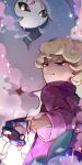 1boy ahoge bangs bede_(pokemon) blonde_hair blurry closed_mouth coat commentary_request curly_hair gloves great_ball hatterene holding holding_poke_ball huan_li male_focus poke_ball pokemon pokemon_(creature) pokemon_(game) pokemon_swsh purple_coat purple_eyes short_hair smile smug sparkle 