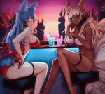  2girls animal_ear_fluff animal_ears artist_name bangs bare_arms bare_shoulders bikini black_choker black_sclera blue_eyes blue_hair blunt_bangs breasts choker colored_sclera commentary commission cup dark-skinned_female dark_skin drinking_glass drinking_straw ehrrr elbow_rest english_commentary facial_mark fox_ears fox_girl fox_tail horns large_breasts long_hair looking_at_viewer low-tied_long_hair multiple_girls multiple_tails o-ring o-ring_bikini one_eye_closed original parted_lips platinum_blonde_hair red_bikini red_eyes sitting slit_pupils smile swimsuit tail thigh_strap very_long_hair whisker_markings white_bikini 