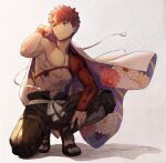  1boy absurdres emiya_shirou fate/grand_order fate_(series) highres igote looking_to_the_side male_focus red_hair senji_muramasa_(fate) short_hair smile solo squatting sword toned toned_male tuto_(mokuchin09) weapon wind yellow_eyes 