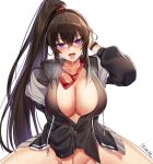  1girl :p absurdres artist_name black_jacket black_shirt blush bottomless breasts brown_hair cleavage collarbone counter:side cowboy_shot drooling eyebrows_visible_through_hair groin hair_between_eyes hand_on_own_head hand_up heavy_breathing highres hood hooded_jacket jacket large_breasts long_hair long_sleeves looking_at_viewer maett naughty_face necktie necktie_over_shoulder no_panties off_shoulder open_clothes open_jacket partially_unbuttoned purple_eyes red_necktie saliva saliva_trail shirt sidelocks simple_background solo spread_legs sweat thighs tongue tongue_out very_long_hair watch white_background wristwatch yoo_mina 