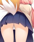  1girl absurdres ass blue_scrunchie blue_skirt brown_cardigan cameltoe cardigan commentary_request fate/extra fate_(series) fox_tail from_behind hair_ornament hair_over_shoulder hair_scrunchie haryuu_(poetto) head_out_of_frame highres leaning_forward long_hair low_twintails motion_lines panties pink_hair pleated_skirt school_uniform scrunchie shirt simple_background skirt solo tail tamamo_(fate) tamamo_no_mae_(fate/extra) twintails underwear very_long_hair white_background white_panties white_shirt 