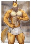  abs absurd_res anthro canid canine fox fuyuki_yamamoto_(odd_taxi) hi_res male mammal muscular odd_taxi sauna solo towel yukihoshiak 