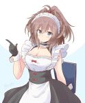  1girl alternate_costume apron black_skirt blue_eyes breasts brown_hair cleavage commentary_request enmaided frilled_apron frills highres icesherbet kantai_collection large_breasts long_hair looking_at_viewer maid maid_headdress menu messy_hair one-hour_drawing_challenge sheffield_(kancolle) skirt solo waitress white_apron 