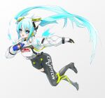  1girl absurdres airborne black_bodysuit black_footwear black_gloves black_legwear blue_eyes blue_hair bodysuit boots can covered_navel eyebrows_visible_through_hair floating_hair gloves grey_background hatsune_miku hela_png highres holding holding_can long_hair open_mouth racing_miku racing_miku_(2022) single_thighhigh smile solo thighhighs v-shaped_eyebrows very_long_hair vocaloid 