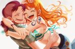  2girls :d alternate_universe bellemere bikini bikini_top_only blush cigarette closed_eyes commentary_request denim eyelashes happy highres hug jeans long_hair looking_at_another mohawk mother_and_daughter multiple_girls nami_(one_piece) oekakiboya one_piece open_mouth orange_hair pants shirt simple_background smile smoking standing swimsuit tattoo time_paradox white_background 