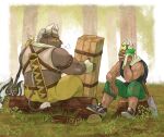  2boys =3 animal_ears asterius_(housamo) axe bara black_tank_top brown_fur closed_eyes cow_ears cow_horns cow_tail dark-skinned_male dark_skin facial_hair fake_animal_ears forest full_body furry furry_male goatee grass green_pants horns japanese_saw log male_focus minotaur multiple_boys muscular muscular_male nature nose_piercing pants piercing plant short_hair sigh sweat tail tank_top taurus_mask thick_eyebrows tokyo_afterschool_summoners towel towel_around_neck tsuna_(so_da77) tusks white_hair wrestling_mask yellow_pants 