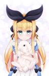  1girl absurdres animal animal_hug apron blonde_hair blue_dress blue_eyes bow bunny dress hair_bow highres hug long_hair looking_at_viewer mononobe_alice nemuri_usagi_yufoo nijisanji ribbon smile upper_body virtual_youtuber white_apron 