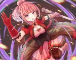  1girl axe blurry boots breasts cleavage depth_of_field dress earrings fire_emblem fire_emblem:_three_houses fire_emblem_warriors:_three_hopes gloves highres hilda_valentine_goneril holding holding_axe holding_weapon jewelry kutabireta_neko large_breasts looking_up medium_hair official_alternate_costume pink_dress pink_eyes pink_hair ponytail red_gloves ribbon short_dress short_sleeves simple_background solo weapon 