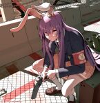  1girl absurdres animal_ears blazer chain circle_a expressionless eyebrows_behind_hair gears_of_war gun highres jacket light long_hair long_sleeves looking_ahead necktie purple_hair rabbit_ears red_eyes reisen_udongein_inaba shadow shoes skirt solo touhou very_long_hair weapon white_legwear 