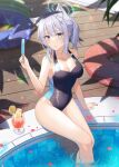  1girl absurdres animal_ear_fluff animal_ears bangs blue_archive blue_eyes blue_swimsuit breasts casual_one-piece_swimsuit cleavage cross_hair_ornament drink food grey_hair hair_ornament halo hidel highres innertube medium_breasts medium_hair mixed-language_commentary one-piece_swimsuit pool popsicle shiroko_(blue_archive) soaking_feet solo swimsuit 