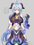  &gt;_&lt; 2girls :t ahoge aile_(crossroads) annoyed artist_name bangs bead_necklace beads bell black_gloves blue_hair breast_rest breasts breasts_on_head coin_hair_ornament commentary eyebrows_visible_through_hair flying_sweatdrops ganyu_(genshin_impact) genshin_impact gloves grey_background hair_between_eyes hat height_difference highres horns jewelry large_breasts light_purple_hair long_hair multiple_girls neck_bell necklace ofuda open_mouth purple_eyes qiqi_(genshin_impact) simple_background speech_bubble spoken_sweatdrop sweatdrop very_long_hair wide_sleeves 