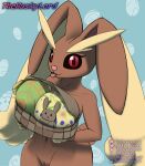  anthro barely_contained barely_contained_breasts barely_visible_genitalia barely_visible_pussy big_breasts breasts easter easter_egg genitals hair hi_res holidays looking_at_viewer lopunny nintendo pink_nose pok&eacute;mon pok&eacute;mon_(species) pussy red_hair simple_background thehuskylord tongue tongue_out video_games 